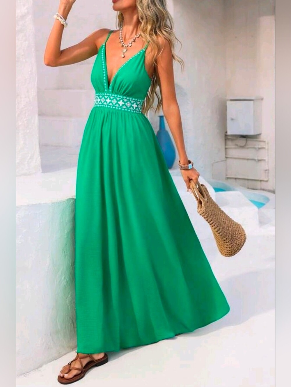 New Boho Embroidered Maxi Dress Green White - Picture 5 of 9